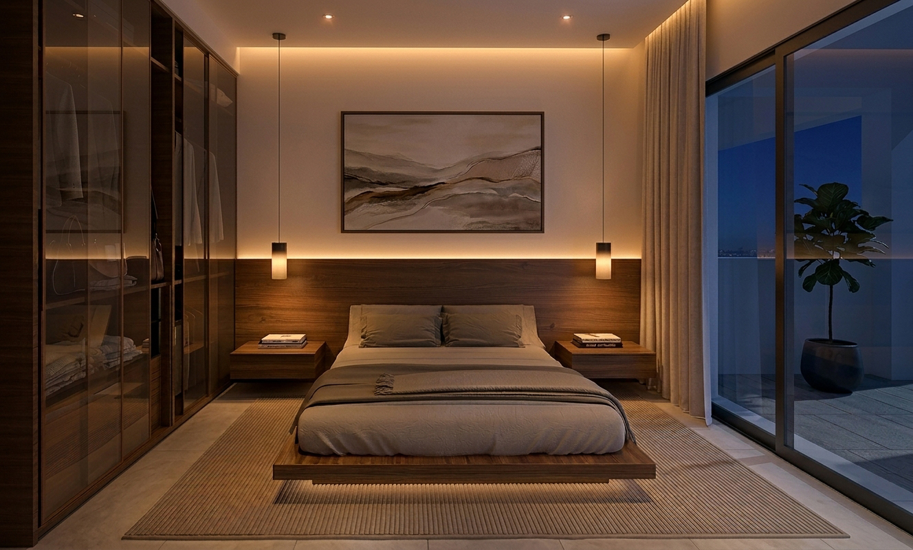 Dormitorio principal con iluminación nocturna