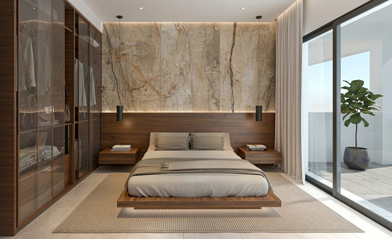 Dormitorio principal con cabecero de madera