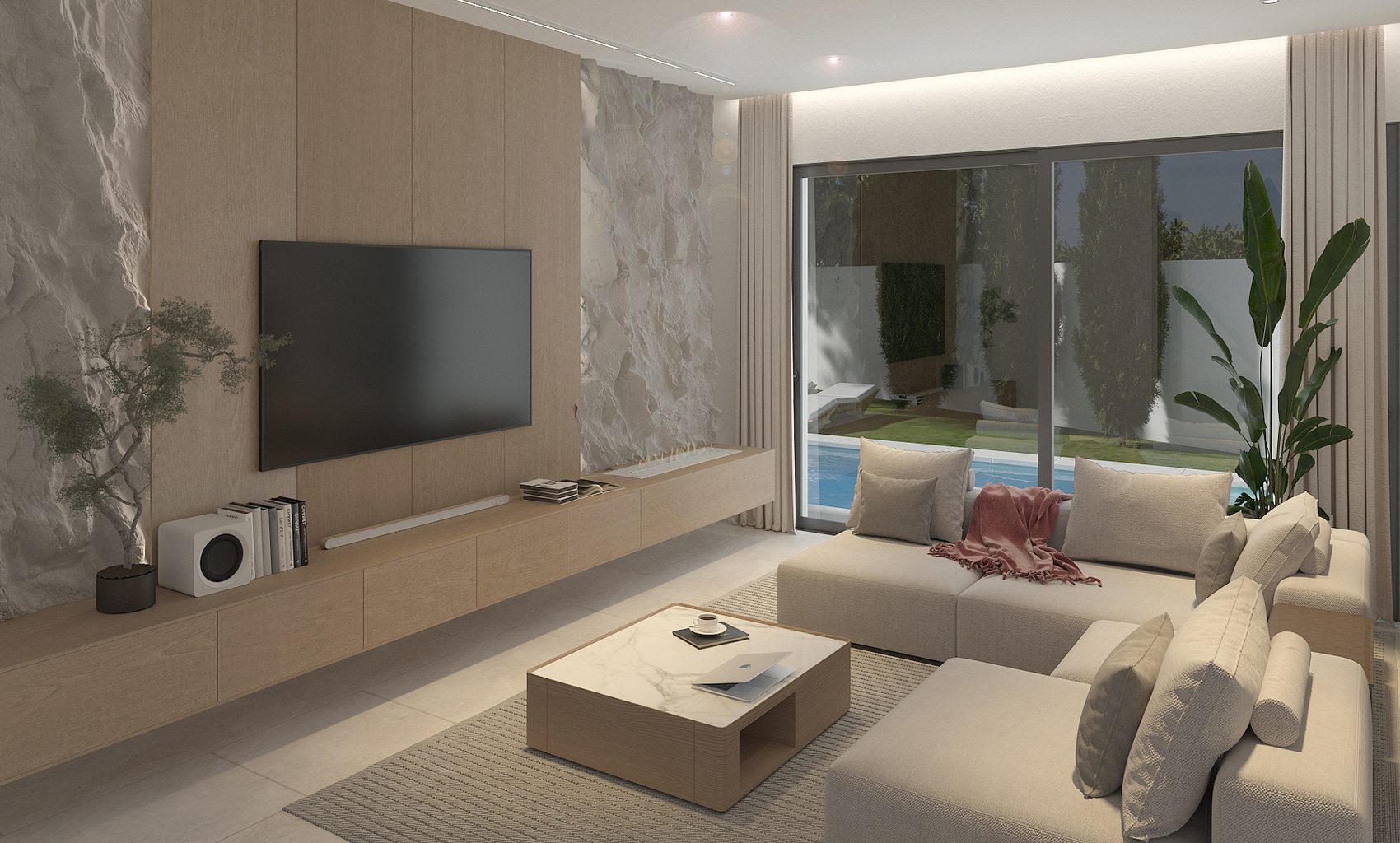 Salón con pared de travertino y mueble de madera