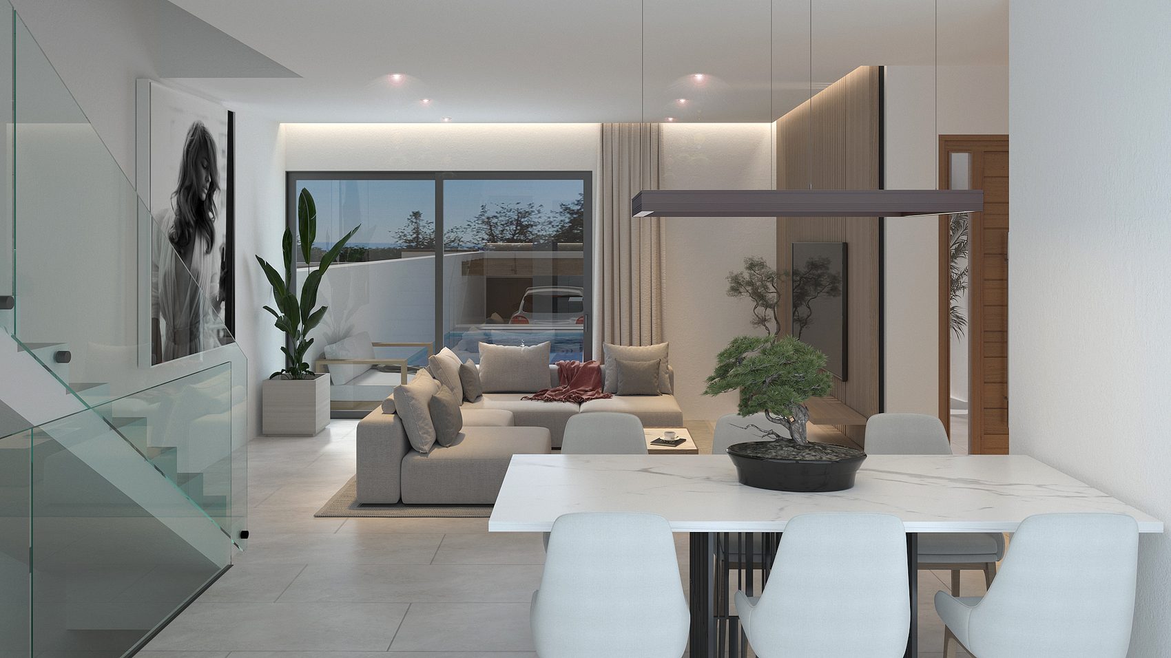 Salón y comedor con vistas a la piscina