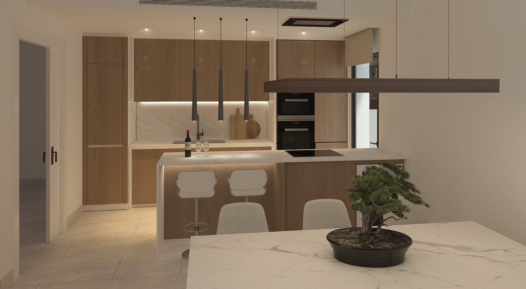 Cocina con isla en blanco mate