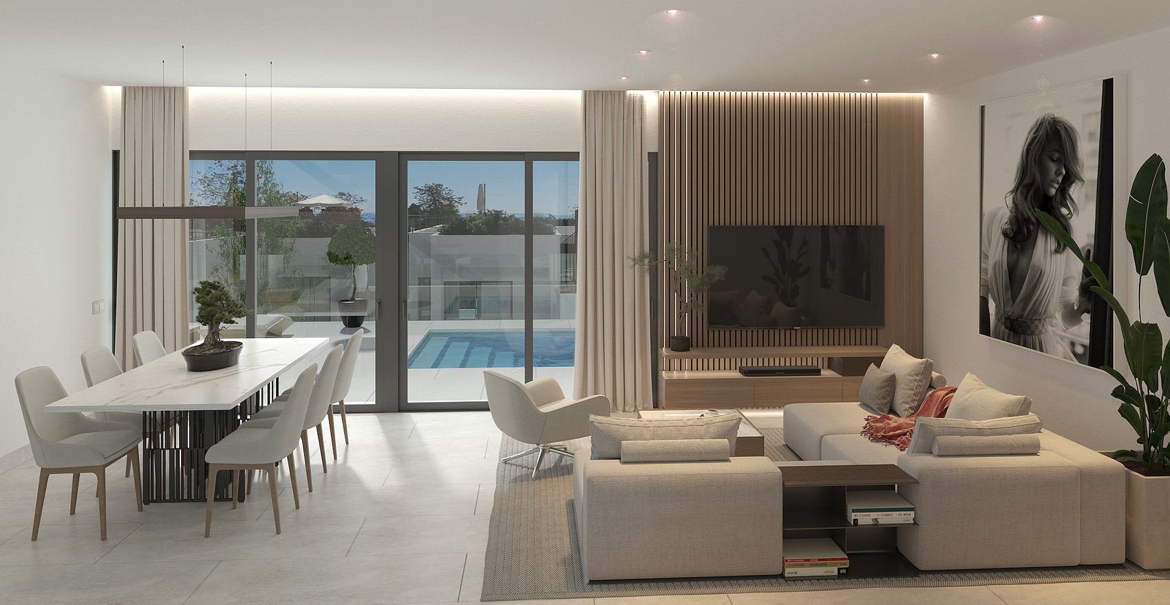 Salón luminoso con mesa de comedor