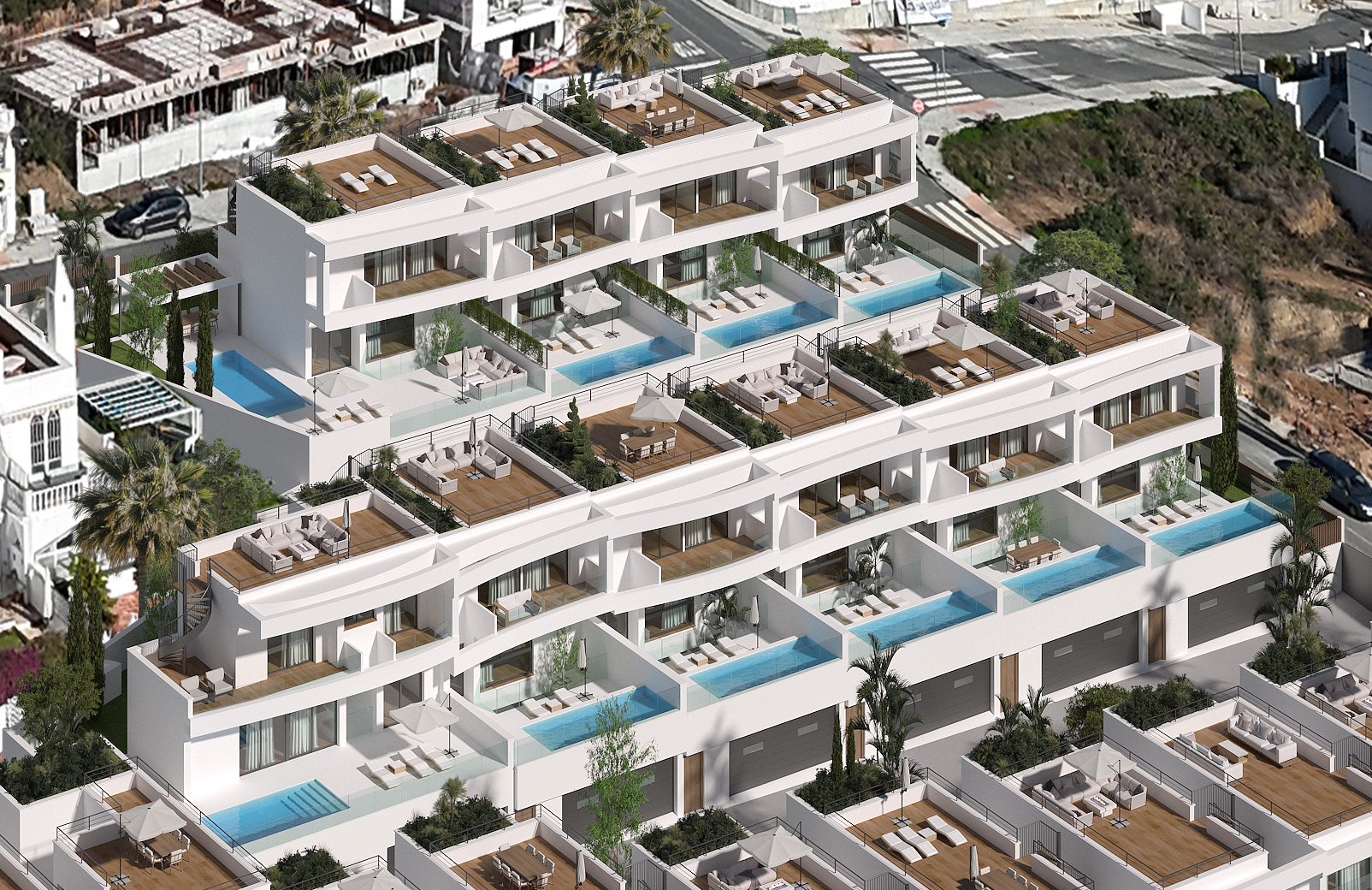 Vista real de la urbanización con piscinas