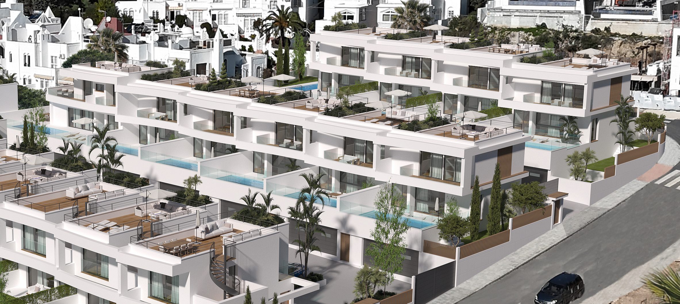 Terrazas y piscinas de Maroa Village, infografía de la obra